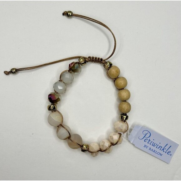 PERIWINKLE by BARLOW Cream/Gold/Wooden Bead Stretch Bracelet NEW Adjustable - Picture 1 of 4
